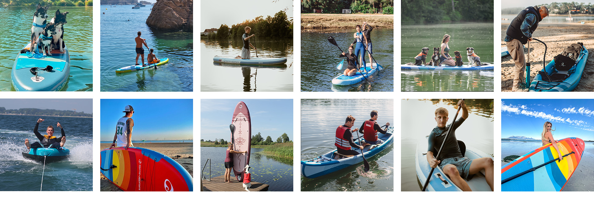 differnt pictures from instagram about sup, kayak, people and dogs